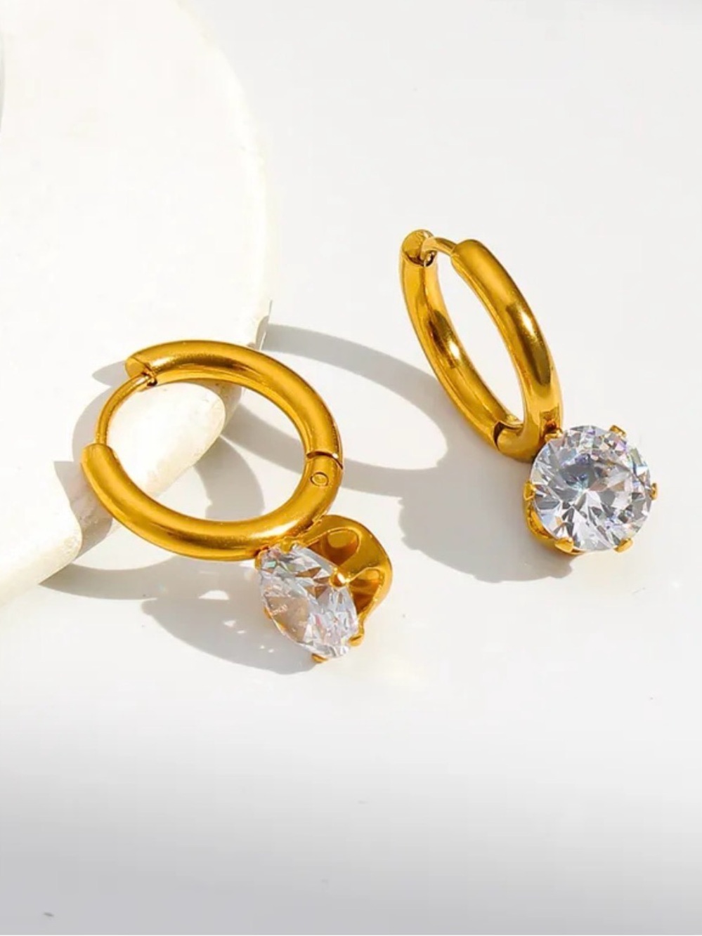Gold PVD Stainless Steel Huggie Hoop Earrings with Clear Accent